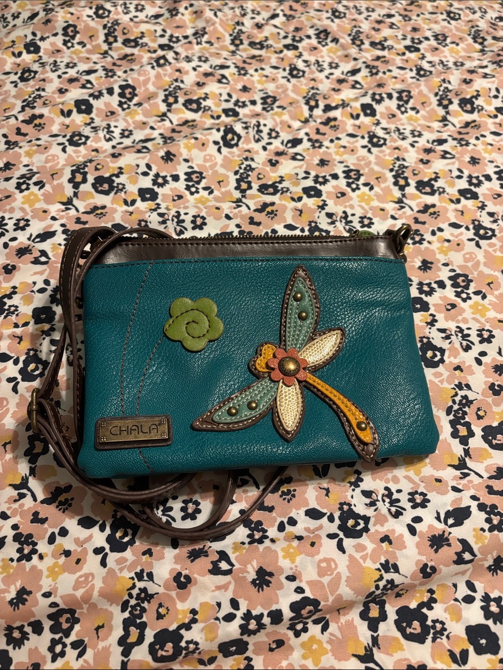Chala Teal Dragonfly Applique Crossbody Bag with Brown Strap